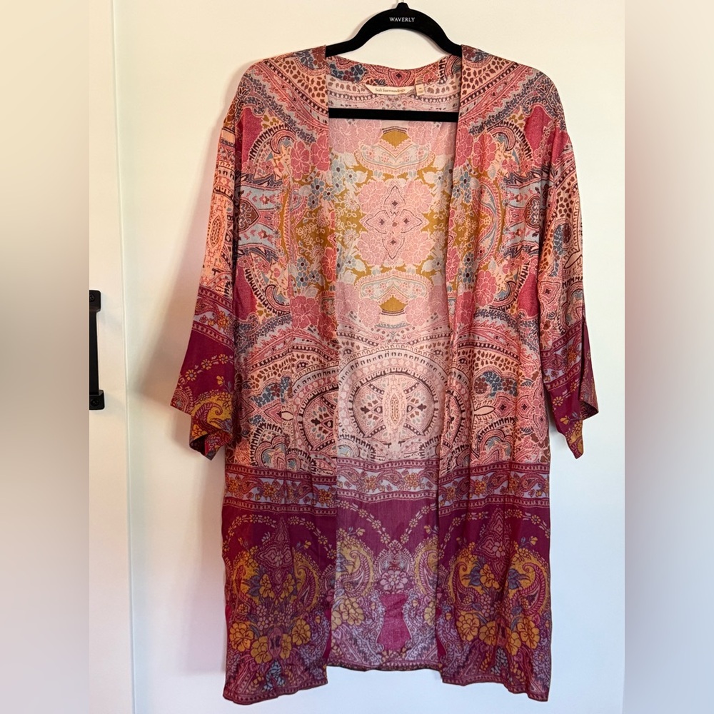 Boho Paisley Open-Front Kimono Cardigan - Pink & Burgundy